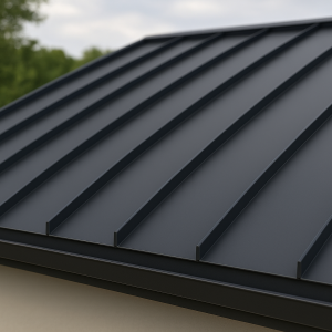 Standing seam metal roofing with raised vertical seams and hidden fasteners